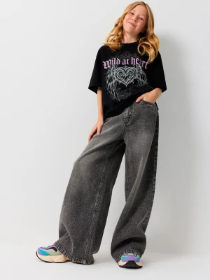 Sinsay - Jeansy wide leg z ozdobną aplikacją gwiazdek - szary