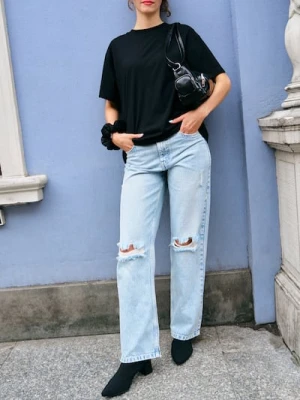 Sinsay - Jeansy wide leg z przetarciami - niebieski