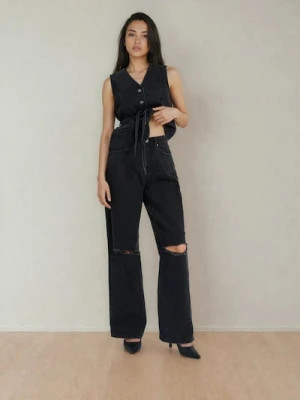 Sinsay - Jeansy wide leg z wysokim stanem i przetarciami - czarny