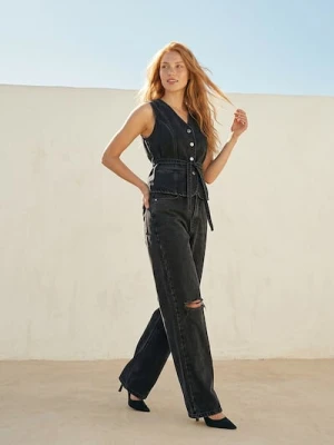 Sinsay - Jeansy wide leg z wysokim stanem i przetarciami - czarny