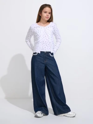 Sinsay - Jeansy widge leg z koronkowym wykończeniem - indigo jeans