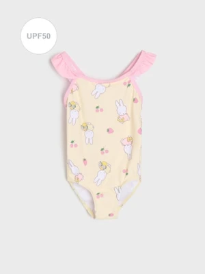 Sinsay - Jednoczęściowy strój kąpielowy UPF 50 z falbankami i motywem królików - żółty