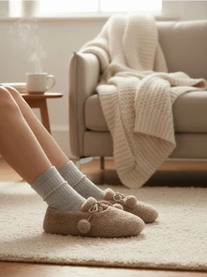 Sinsay - Kapcie z ozdobnymi pomponami - beżowy