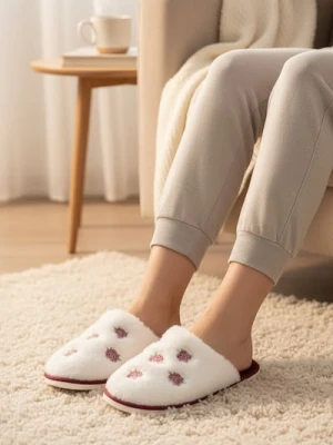 Sinsay - Kapcie ze sztucznym futerkiem i kwiatowym haftem - kremowy