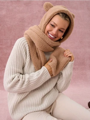 Sinsay - Kaptur z szalikiem i rękawiczkami 3 w 1 - beżowy