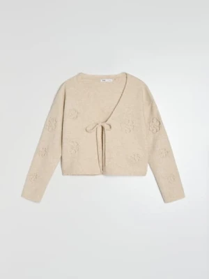 Sinsay - Kardigan z dekoracyjnym wiązaniem i aplikacjami w kształcie kwiatów - beżowy