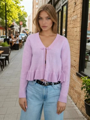 Sinsay - Kardigan z wiązaniem i dekoracyjną falbaną z domieszką wełny - różowy