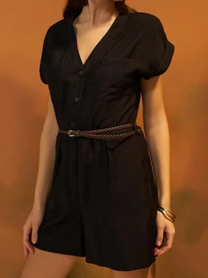 Sinsay - Kombinezon z krótkim rękawem z paskiem - czarny