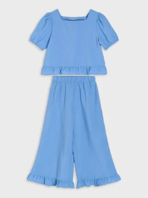 Sinsay - Komplet bluzka i spodnie z falbankami - niebieski