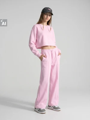 Sinsay - Komplet dresowy: bluza boxy i spodnie wide leg z ozdobnymi przeszyciami - różowy
