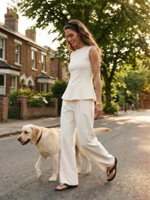 Sinsay - Komplet: top bez rękawów i szerokie spodnie z domieszką wiskozy - kremowy