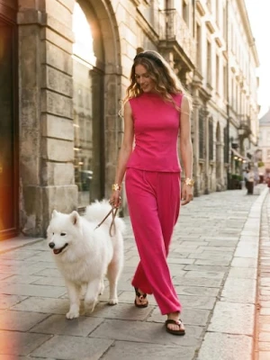 Sinsay - Komplet: top bez rękawów i szerokie spodnie z domieszką wiskozy - różowy