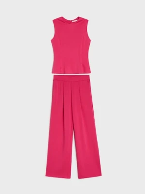 Sinsay - Komplet: top bez rękawów i szerokie spodnie z domieszką wiskozy - różowy