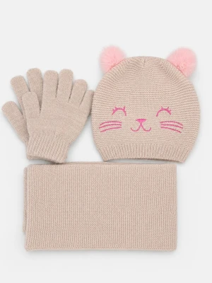 Sinsay - Komplet z motywem kota: czapka beanie, szalik i rękawiczki 3 pack - beżowy