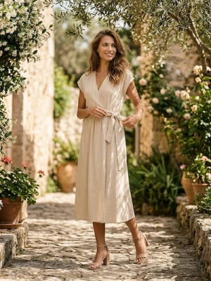 Sinsay - Kopertowa sukienka maxi z wiskozą i domieszką lnu - kremowy