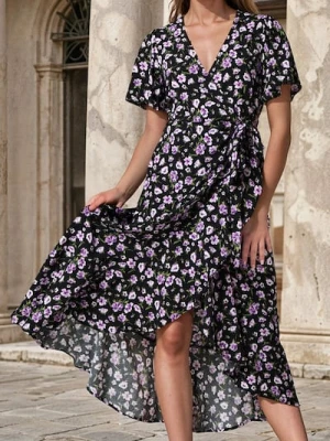 Sinsay - Kopertowa sukienka midi w kwiaty - czarny