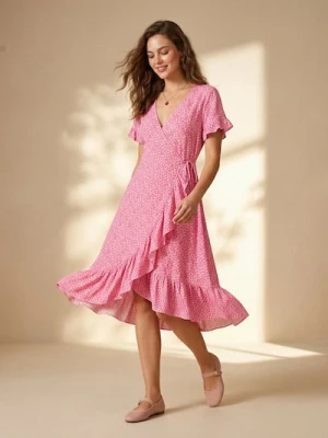 Sinsay - Kopertowa sukienka mini z falbanką w kwiatki - różowy