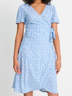 Sinsay - Kopertowa sukienka z wiązaniem i kwiatowym printem - błękitny