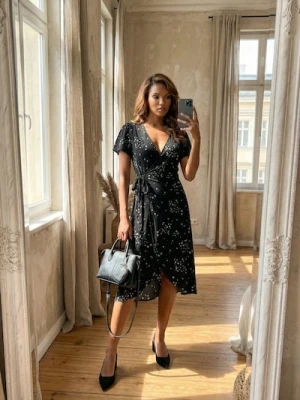 Sinsay - Kopertowa sukienka z wiązaniem i kwiatowym printem - czarny