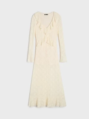 Sinsay - Koronkowa sukienka maxi z falbanami - kremowy