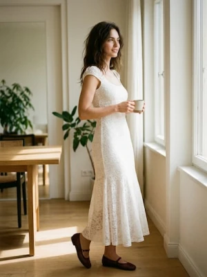 Sinsay - Koronkowa sukienka midi syrenka - kremowy