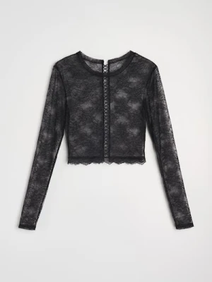 Zdjęcie produktu Sinsay - Koronkowy elastyczny crop top z długim rękawem - czarny