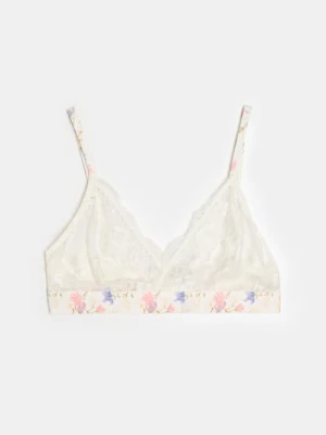Sinsay - Koronkowy miękki biustonosz z motywem kwiatowym - kremowy