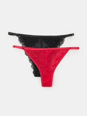 Sinsay - Koronkowy zestaw majtek 2-pack: stringi i brazyliany - czerwony