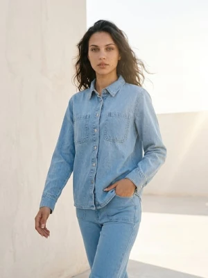 Sinsay - Koszula jeansowa z efektem sprania - niebieski