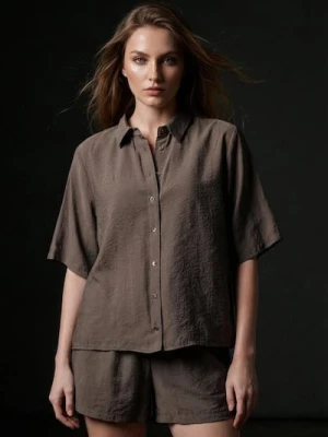 Sinsay - Koszula z krótkim rękawem i kołnierzykiem z modalem - brązowy