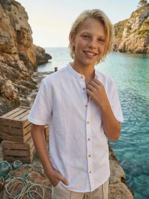 Sinsay - Koszula z krótkim rękawem z bawełną i domieszką lnu - biały