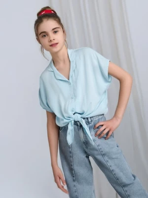 Sinsay - Koszula z wiskozy wiązana w talii - błękitny