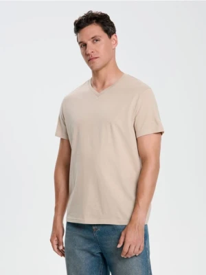 Sinsay - Koszulka basic z dekoltem w serek - beżowy