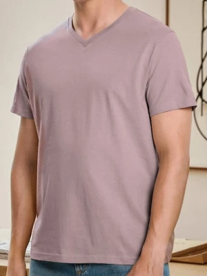 Sinsay - Koszulka basic z dekoltem w serek - różowy