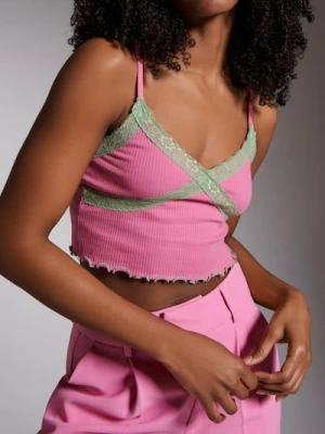 Sinsay - Koszulka na ramiączkach z koronkową lamówką - różowy