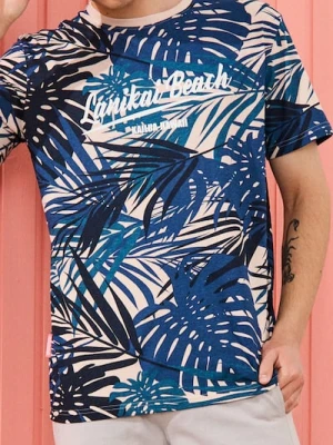 Sinsay - Koszulka o roślinnym motywie z napisem na przodzie - niebieski