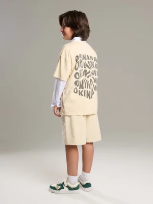 Sinsay - Koszulka oversize z nadrukiem na plecach - kremowy