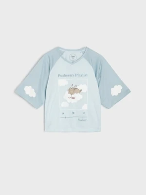 Sinsay - Koszulka oversize z nadrukiem Pusheen the Cat - błękitny