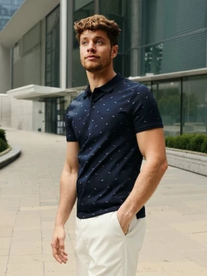 Sinsay - Koszulka polo z nadrukiem all over - granatowy