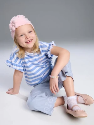 Sinsay - Koszulka w paski z haftem i falbankami - niebieski