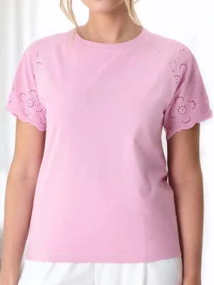 Sinsay - Koszulka z ażurowymi rękawami - różowy