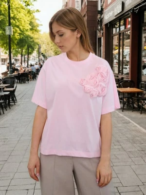 Sinsay - Koszulka z bawełną z aplikacją 3D - różowy