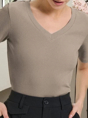 Sinsay - Koszulka z dekoltem V - beżowy