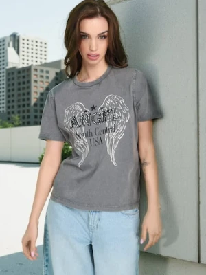 Sinsay - Koszulka z efektem sprania z ozdobnymi cyrkoniami - szary