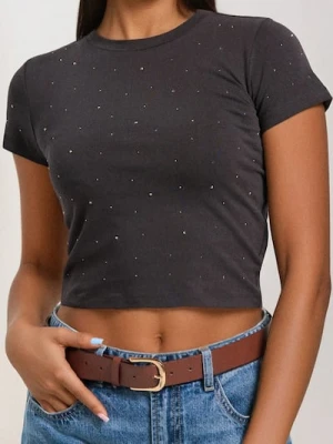 Sinsay - Koszulka z kryształkową aplikacją - fioletowy