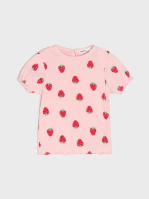 Sinsay - Koszulka z lekko bufiastymi rękawami z owocowym motywem - różowy