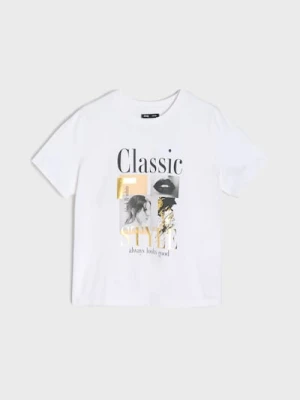 Sinsay - Koszulka z metalicznym nadrukiem - kremowy