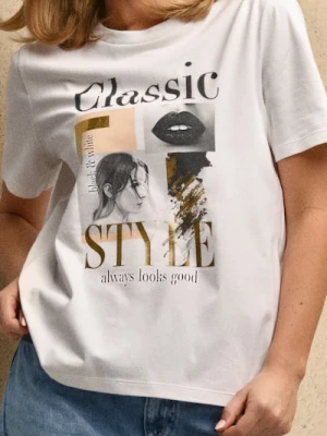 Sinsay - Koszulka z metalicznym nadrukiem - kremowy