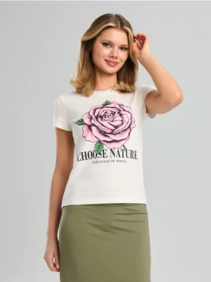 Sinsay - Koszulka z nadrukiem - kremowy