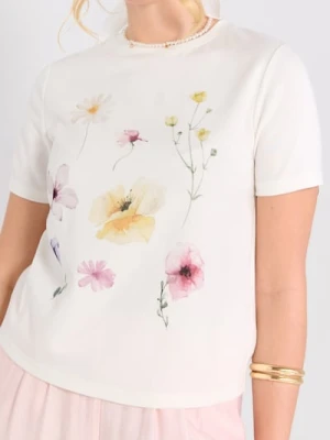 Sinsay - Koszulka z nadrukiem kwiatowym - kremowy